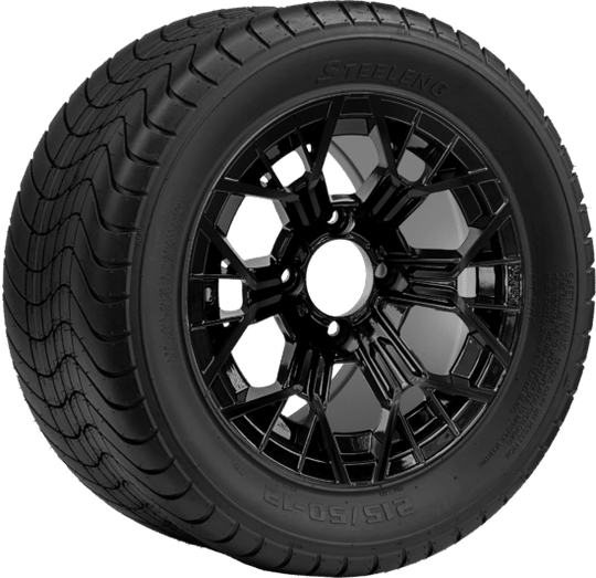 SGC 12 " Mantis Glossy Black Wheel - Aluminum Alloy / STEELENG 215/50-12 Comfort Ride Street Tire DOT Approved Tires Combo - Set of 4
