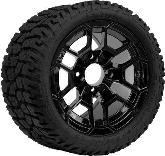 SGC 12 " Talon Glossy Black Wheel - Aluminum Alloy / STEELENG 215/40-12 GATOR Hybrid Low Profile / All Terrain Tire DOT Approved Tires Combo - Set of 4