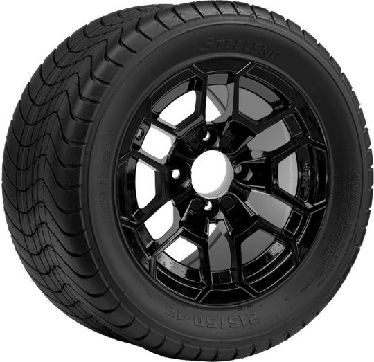 SGC 12 " Talon Glossy Black Wheel - Aluminum Alloy / STEELENG 215/50-12 Comfort Ride Street Tire DOT Approved Tires Combo - Set of 4