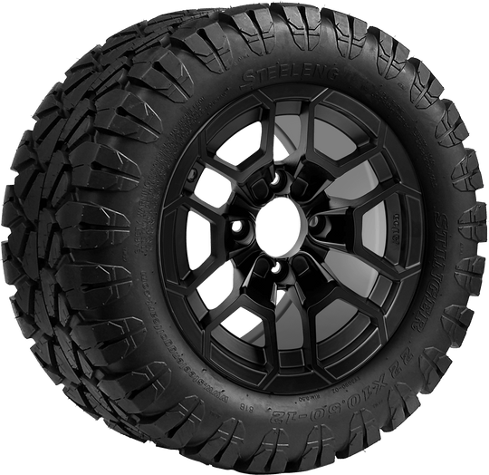 SGC 12″ Talon Matte Black Wheel – Aluminum Alloy / STEELENG 22″x10.5″-12″ STINGER All Terrain Tire DOT approved Tires Combo - Set of 4