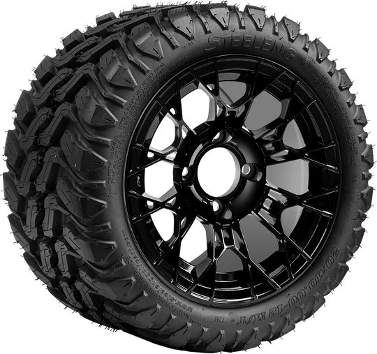 SGC 12 " Tarantula Glossy Black Wheel - Aluminum Alloy / STEELENG 20 "x10 "-12 " Mud Terrain Tire Tires Combo - Set of 4