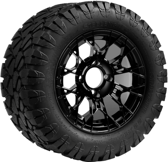 SGC 12 " Tarantula Glossy Black Wheel - Aluminum Alloy - Aluminum Alloy / STEELENG 22 "x10.5 "-12 " STINGER All Terrain Tire DOT approved Tires Combo - Set of 4