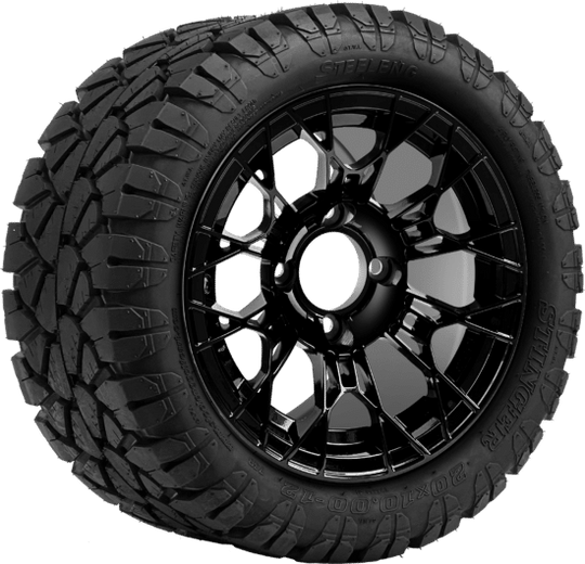 SGC 12 " Tarantula Glossy Black Wheel - Aluminum Alloy / STEELENG 22 "x10.5 "-12 " STINGER All Terrain Tire DOT approved Tires Combo - Set of 4