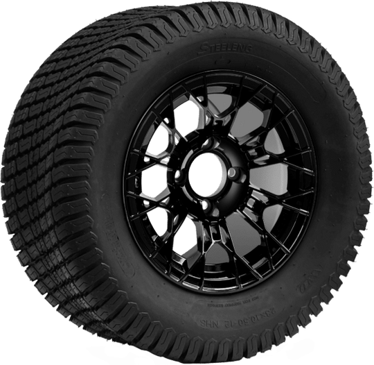 SGC 12 " Tarantula Glossy Black Wheel - Aluminum Alloy / STEELENG 23 "x10.5 "-12 " Turf Tire Tires Combo - Set of 4