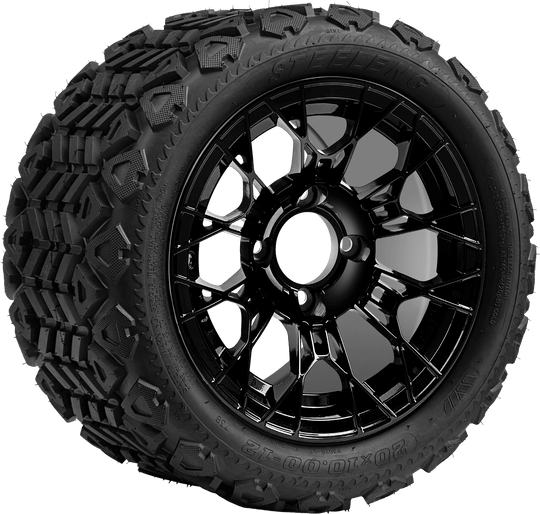 SGC 12 " Tarantula Glossy Black Wheel - Aluminum Alloy / STEELENG 20 "x10 "-12 " All Terrain Tire DOT approved Tires Combo - Set of 4