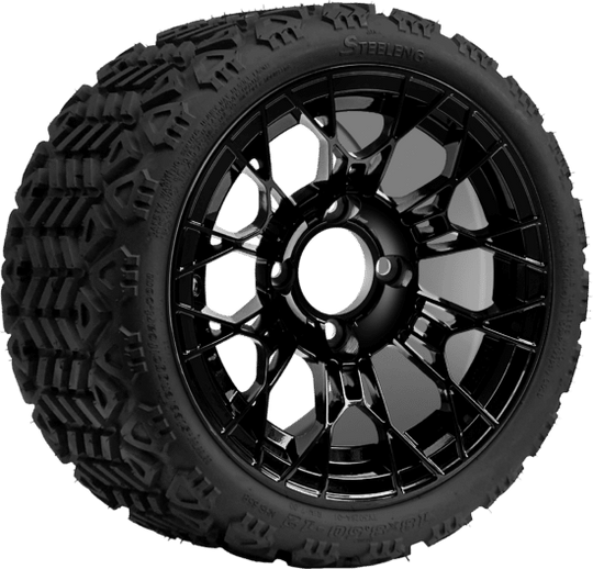 SGC 12 " Tarantula Glossy Black Wheel - Aluminum Alloy / STEELENG 18 "x8.5 "-12 " All-Terrain Tire DOT approved Tires Combo - Set of 4
