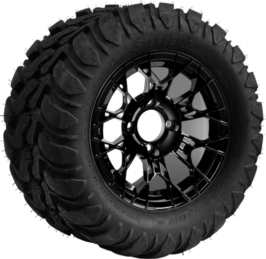 SGC 12 " Tarantula Glossy Black Wheel - Aluminum Alloy/ STEELENG 22 "x11 "-12 " Mud Terrain / All Terrain Tire DOT Approved Tires Combo - Set of 4