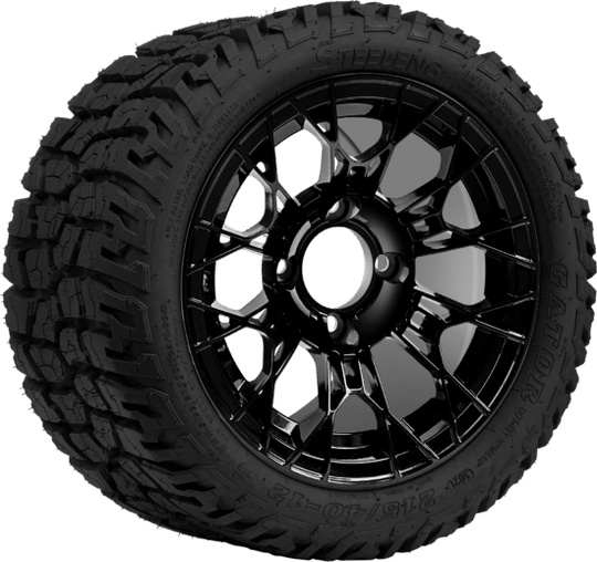 SGC 12 " Tarantula Glossy Black Wheel - Aluminum Alloy /STEELENG 215/40-12 GATOR Hybrid Low Profile / All Terrain Tire DOT Approved Tires Combo - Set of 4
