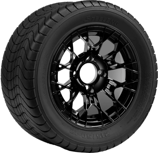 SGC 12 " Tarantula Glossy Black Wheel - Aluminum Alloy / STEELENG 215/50-12 Comfort Ride Street Tire DOT Approved Tires Combo - Set of 4