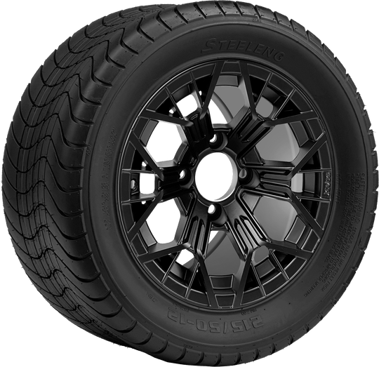 SGC 12 " Mantis Matte Black Wheel - Aluminum Alloy / STEELENG 215/50-12 Comfort Ride Street Tire DOT Approved Tires Combo - Set of 4