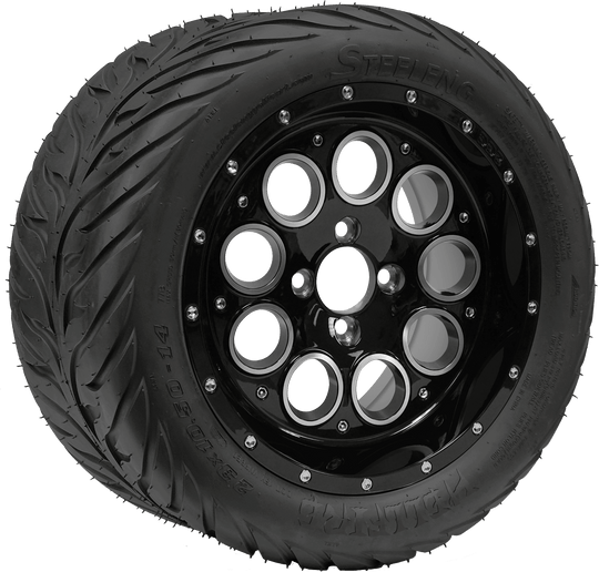 SGC 14" Pioneer Glossy Black Wheel - Aluminum Alloy / STEELENG 23"x10.5"-14" HELLFIRE Street Tire DOT Approved Tires Combo - Set of 4