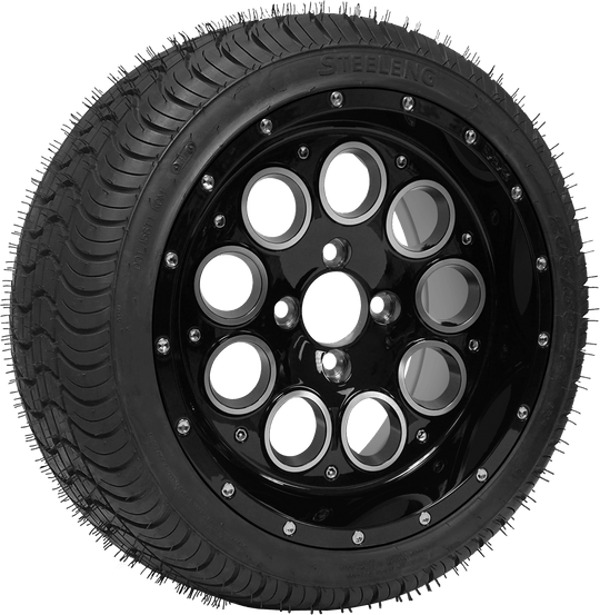 SGC 14" Pioneer Glossy Black Wheel - Aluminum Alloy / STEELENG 205/30-14 QH Low Profile Tire DOT Approved Tires Combo - Set of 4