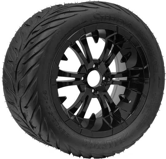 SGC 14" Vampire Glossy Black Wheel - Aluminum Alloy / STEELENG 23"x10.5"-14" HELLFIRE Street Tire DOT Approved Tires Combo - Set of 4