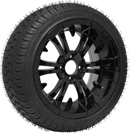 SGC 14" Vampire Glossy Black Wheel - Aluminum Alloy / STEELENG 205/30-14 QH Low Profile Tire DOT Approved Tires Combo - Set of 4