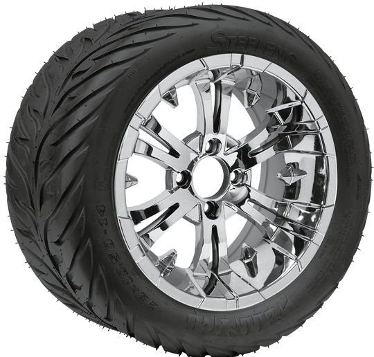 SGC 14" Vampire Chrome Wheel - Aluminum Alloy / STEELENG 23"x10.5"-14" HELLFIRE Street Tire DOT Approved Tires Combo - Set of 4