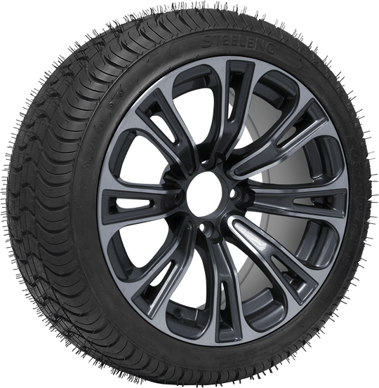 SGC 14" Vector Machined/Gunmetal Wheel - Aluminum Alloy / STEELENG 205/30-14 QH Low Profile Tire DOT Approved Tires Combo - Set of 4