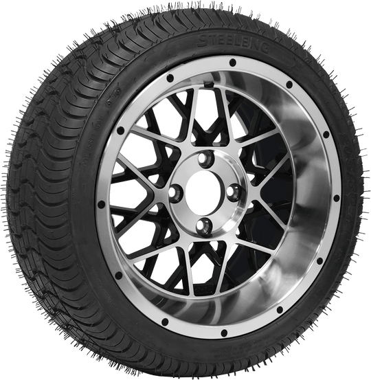 SGC 14" Venom Machined/Black Wheel - Aluminum Alloy / STEELENG 205/30-14 QH Low Profile Tire DOT Approved Tires Combo - Set of 4