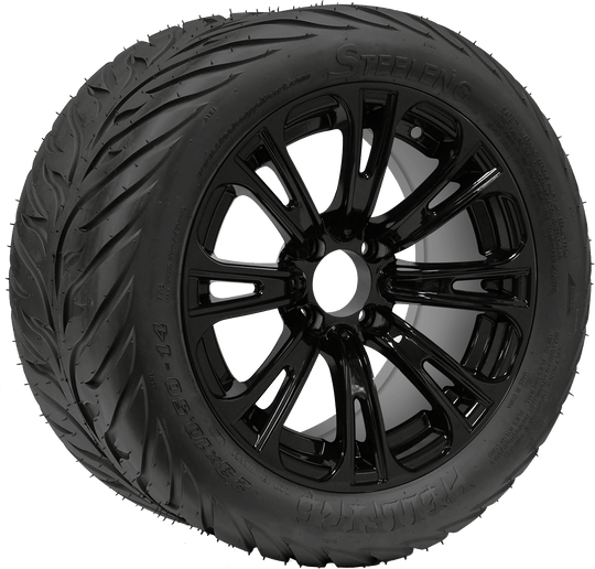 SGC 14" Voodoo Glossy Black Wheel - Aluminum Alloy / STEELENG 23"x10.5"-14" HELLFIRE Street Tire DOT Approved Tires Combo - Set of 4