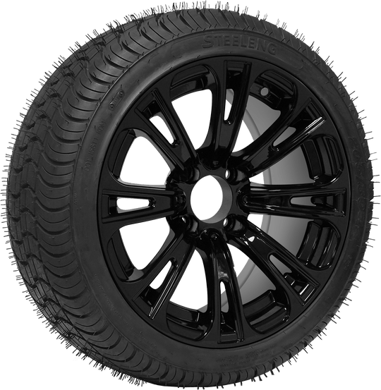 SGC 14" Voodoo Glossy Black Wheel - Aluminum Alloy / STEELENG 205/30-14 QH Low Profile Tire DOT Approved Tires Combo - Set of 4