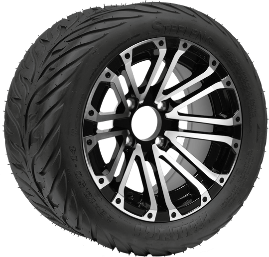 SGC 14" Lancer Machined/Black Wheel - Aluminum Alloy / STEELENG 23"x10.5"-14" HELLFIRE Street Tire DOT Approved Tires Combo - Set of 4