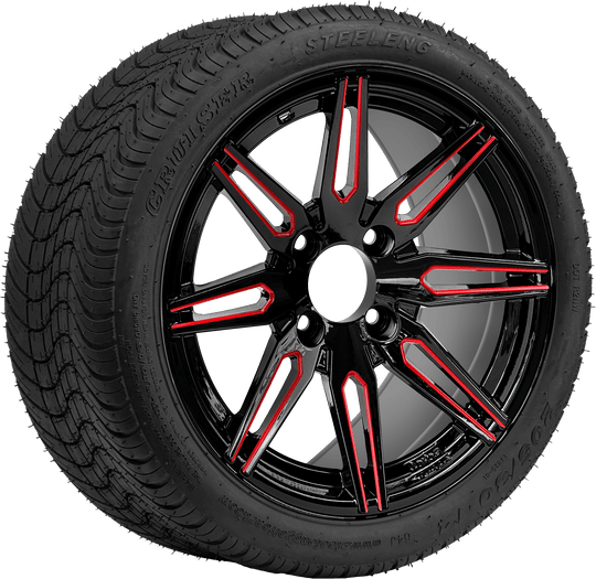 SGC 14 " Lynx Red/Black Wheel - Aluminum Alloy / STEELENG 205/30-14 Low Profile Tire DOT Approved Tires Combo - Set of 4
