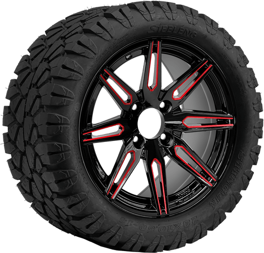 SGC 14 " Lynx Red/Black Wheel - Aluminum Alloy / STEELENG 23 "x10.5 "-14 " STINGER AT Tire DOT Approved Tires Combo - Set of 4