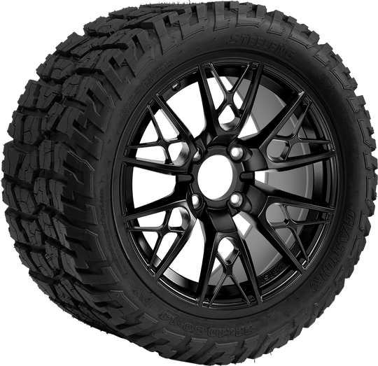 SGC 14 " Saber Tooth Glossy Black Wheel - Aluminum Alloy / STEELENG 22 "x10.5 "-14 " GATOR All Terrain DOT Approved Tires Combo - Set of 4