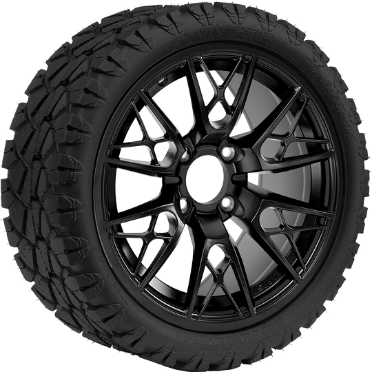 SGC 14 " Saber Tooth Glossy Black Wheel - Aluminum Alloy / STEELENG 20 "x8.5 "-14 " STINGER AT Tire DOT Approved Tires Combo - Set of 4