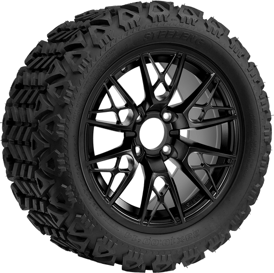 SGC 14 " Saber Tooth Glossy Black Wheel - Aluminum Alloy / STEELENG 23 "x10 "-14 " All Terrain Tire DOT Approved Tires Combo - Set of 4