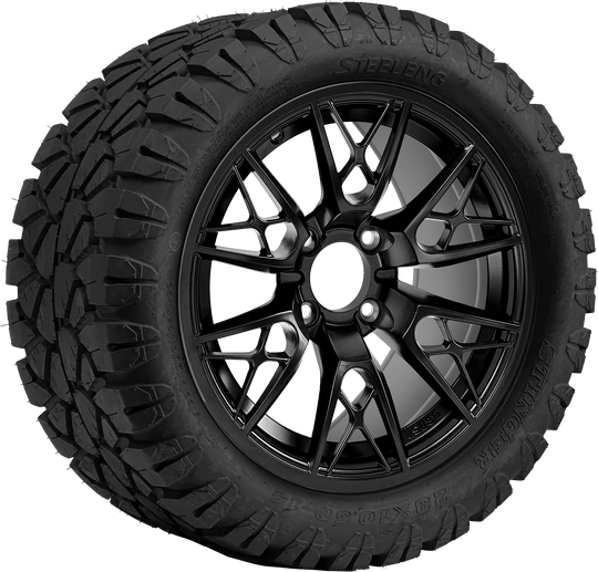 SGC 14 " Saber Tooth Glossy Black Wheel - Aluminum Alloy / STEELENG 23 "x10.5 "-14 " STINGER AT Tire DOT Approved Tires Combo - Set of 4