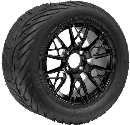 SGC 14 " Saber Tooth Glossy Black Wheel - Aluminum Alloy / STEELENG 23 "x10.5 "-14 " HELLFIRE All Terrain DOT Approved Tires Combo - Set of 4