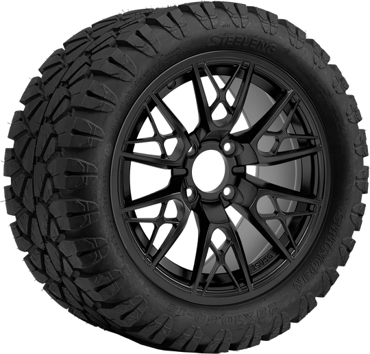 SGC 14 " Saber Tooth Matte Black Wheel - Aluminum Alloy / STEELENG 23 "x10.5 "-14 " STINGER AT Tire DOT Approved Tires Combo - Set of 4