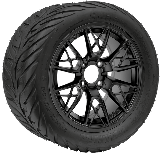 SGC 14 " Saber Tooth Matte Black Wheel - Aluminum Alloy / STEELENG 23 "x10.5 "-14 " HELLFIRE Street Tire DOT Approved Tires Combo - Set of 4