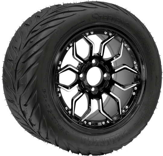 SGC 14 " Scorpion Machined Black Wheel - Aluminum Alloy/ STEELENG 23 "x10.5 "-14 " HELLFIRE All Terrain DOT Approved Tires Combo - Set of 4
