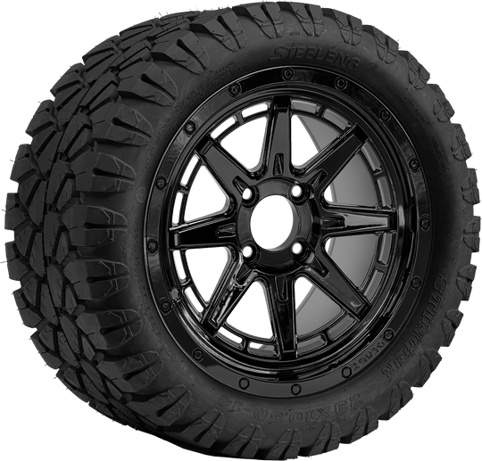 SGC 14 " Wolverine Glossy Black Wheel - Aluminum Alloy / STEELENG 23 "x10.5 "-14 " STINGER AT Tire DOT Approved Tires Combo - Set of 4