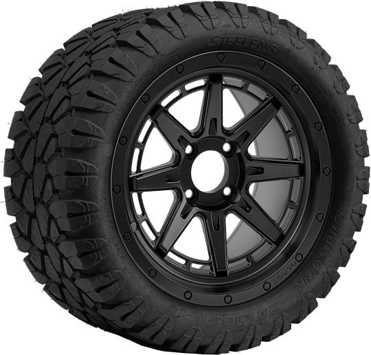 SGC 14 " Wolverine Matte Black Wheel - Aluminum Alloy / STEELENG 23 "x10.5 "-14 " STINGER AT Tire DOT Approved Tires Combo - Set of 4