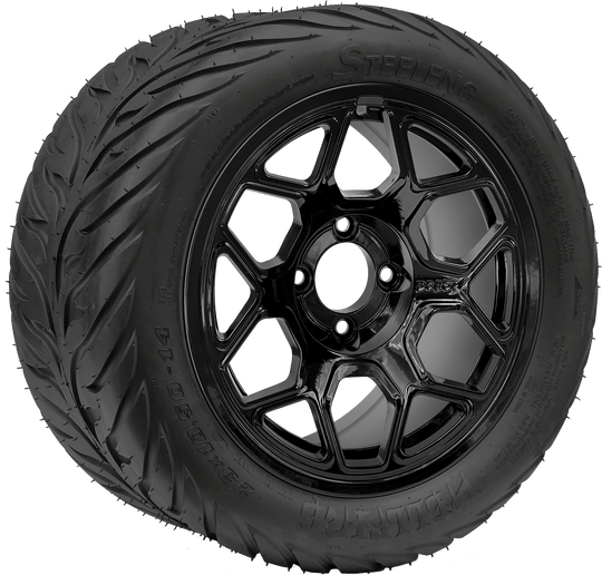 SGC 14 " Yeti Glossy Black Wheel - Aluminum Alloy / STEELENG 23 "x10.5 "-14 " HELLFIRE Street Tire DOT Approved Tires Combo - Set of 4