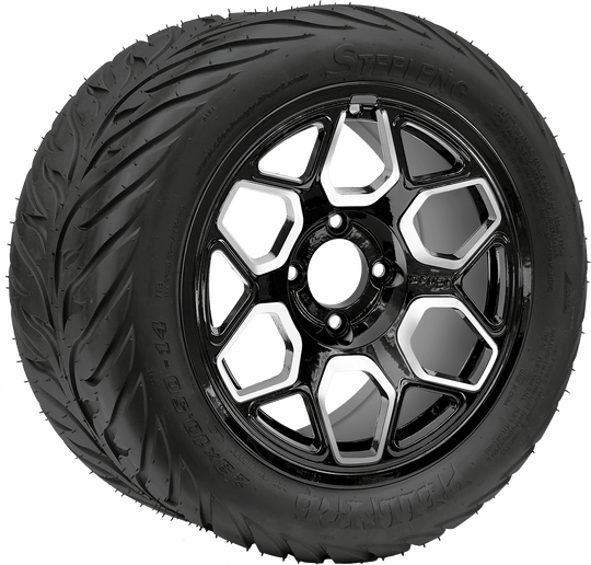 SGC 14 " Yeti Machined Black Wheel - Aluminum Alloy / STEELENG 23 "x10.5 "-14 " HELLFIRE Street Tire DOT Approved Tires Combo - Set of 4