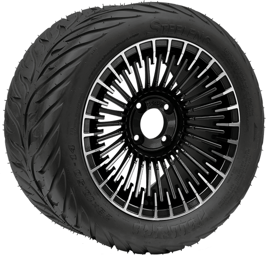 SGC 14 " Piranha Machined Black Wheel - Aluminum Alloy / STEELENG 23 "x10.5 "-14 " HELLFIRE Street Tire DOT Approved Tires Combo - Set of 4