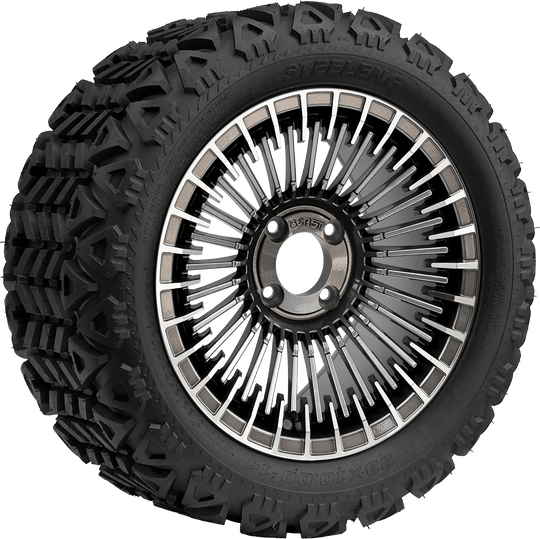 SGC 14 " Piranha Machined Gunmetal Wheel - Aluminum Alloy / STEELENG 23 "x10 "-14 " All Terrain Tire DOT Approved Tires Combo - Set of 4