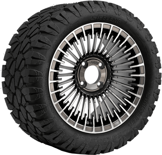 SGC 14 " Piranha Machined Gunmetal Wheel - Aluminum Alloy / STEELENG 23 "x10.5 "-14 " STINGER AT Tire DOT Approved Tires Combo - Set of 4