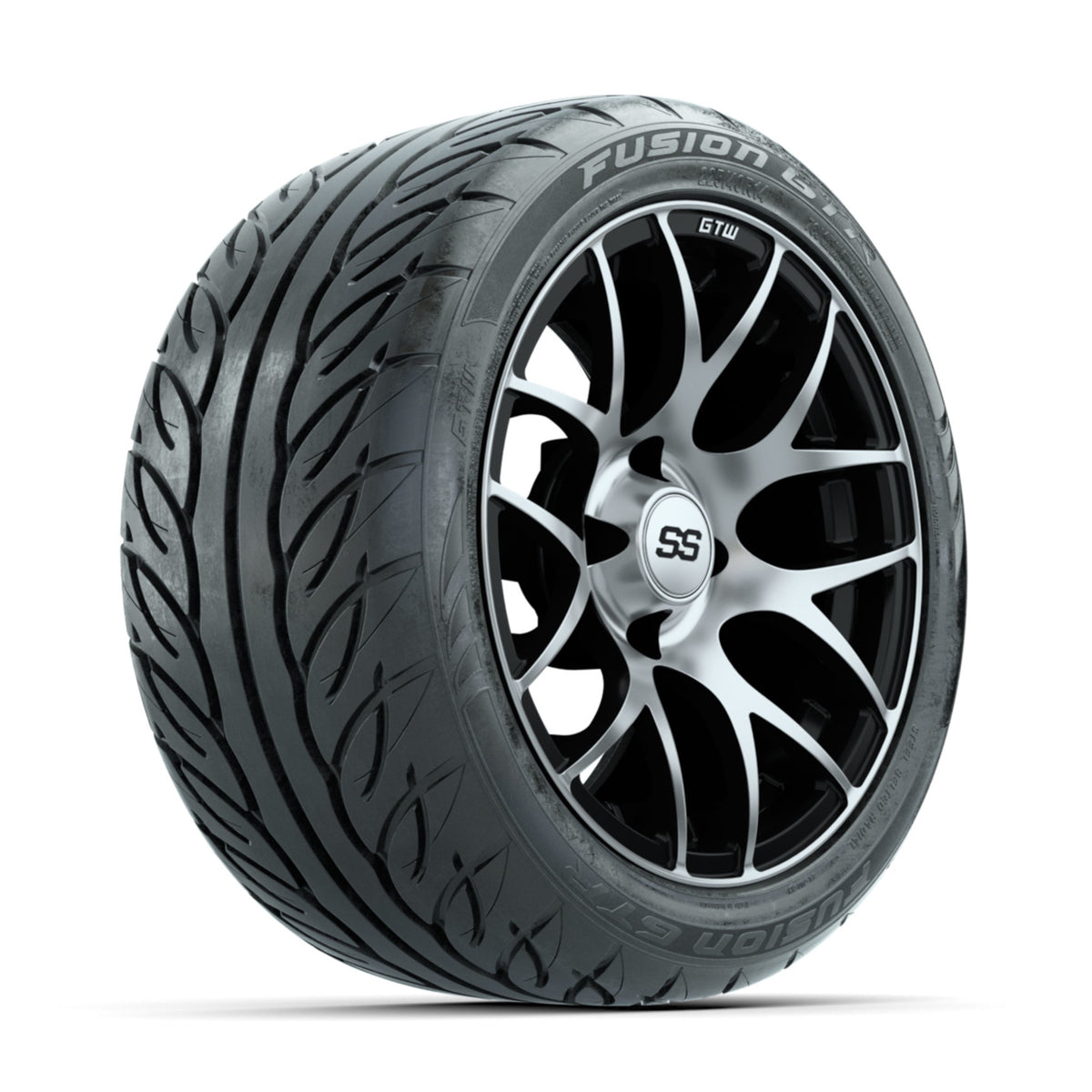 GTW Pursuit Machined/Black 14 in Wheels with 225/40-R14 Fusion GTR Street Tires ‚Äì Full Set