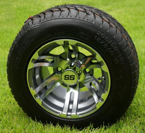 SGC 10" Bulldog Machined/Gunmetal Wheel - Aluminum Alloy / STEELENG 205/50-10 Low Profile Tire DOT Approved Tires Combo - Set of 4