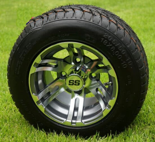 SGC 10" Bulldog Machined/Gunmetal Wheel - Aluminum Alloy / STEELENG 205/50-10 Low Profile Tire DOT Approved Tires Combo - Set of 4