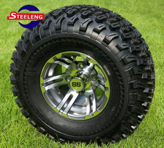 SGC 10" Bulldog Machined/Gunmetal Wheel - Aluminum Alloy / STEELENG 22"x11"-10" All Terrain Tire DOT approved Tires Combo - Set of 4