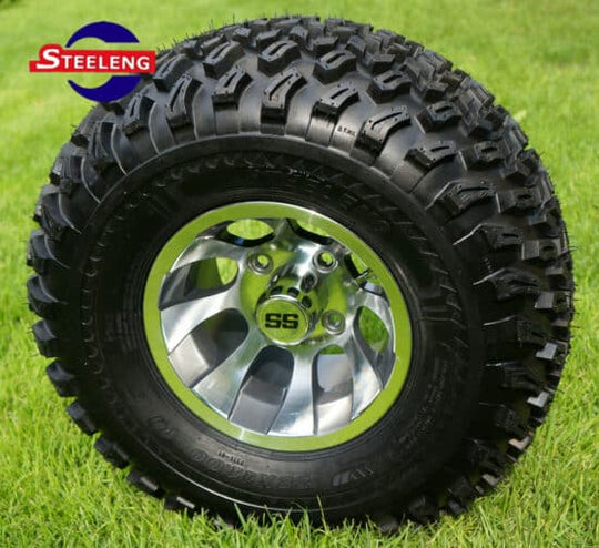 SGC 10" Revolver Machined/Gunmetal Wheel - Aluminum Alloy / STEELENG 22"x11"-10" All Terrain Tire DOT approved Tires Combo - Set of 4