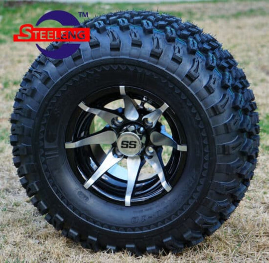 SGC 10" Kraken Machined/Black Wheel - Aluminum Alloy / STEELENG 22"x11"-10" All Terrain Tire DOT approved Tires Combo - Set of 4