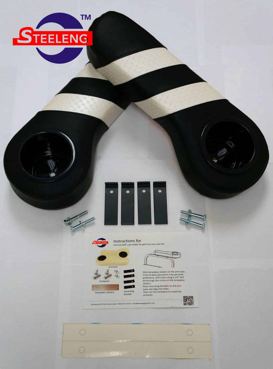 SGC Golf Cart Rear Seat Armrests Cushion w/ Cup Holders (Black/White) Two Stripes