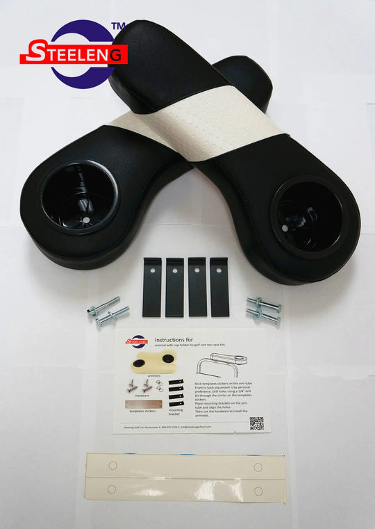 SGC Golf Cart Rear Seat Armrest Cushion w/ Cup Holder (Black/White) One Stripe