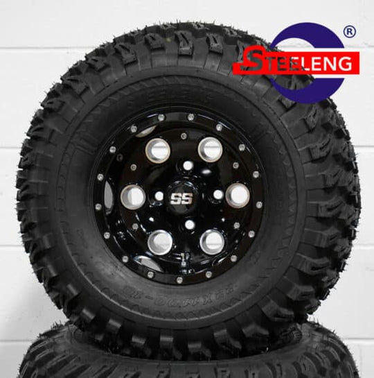 SGC 10" Pioneer Glossy Black Wheel - Aluminum Alloy / STEELENG 22"x11"-10" All Terrain Tire DOT approved Tires Combo - Set of 4